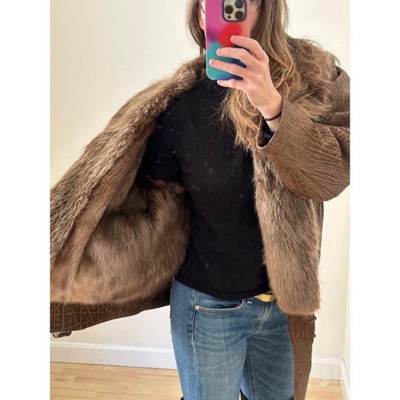 Vintage 1980s Flemington Furs Oversized Leather and Fur Winter Coat - Picture 10 of 12